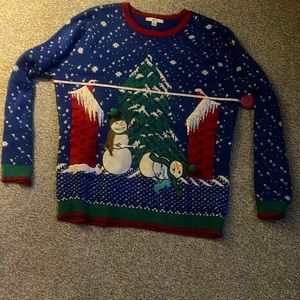 Ugly Christmas Size XL Green Knit snowman, chimney and Christmas tree Sweater